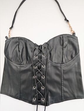 Women's (Large) Edgy Black Faux-Leather Lace-up Bustier/Corset w/Elastic Back